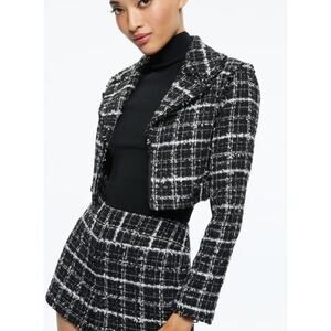 Alice + Olivia Yardley Tweed Cropped Fray Hem Black Zip Up Moto Jacket XS
